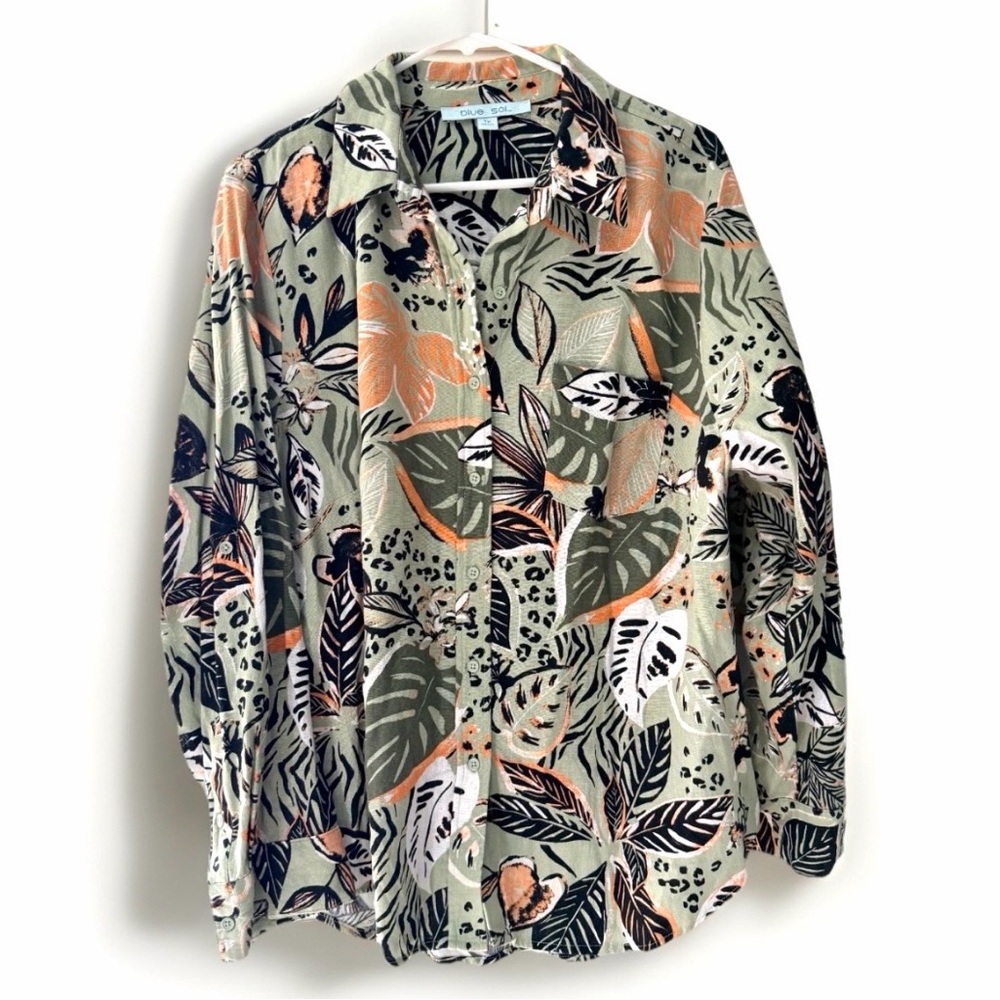 Chico's Olive Green Botanical Button-Down Shirt with Peach Accents